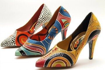 Three pairs of brightly painted high heel shoes, AI generated