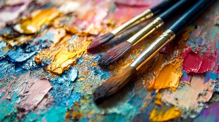 Fototapeta premium Palette with colorful paint strokes and brushes
