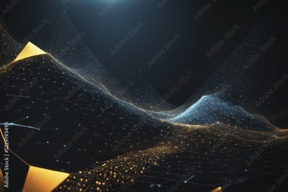 Poster an abstract digital mesh network with blue and yellow lines creating a futuristic, geometric design,