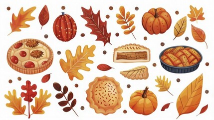 Autumnal arrangement showcasing fall leaves, various pastries, pumpkins, and a slice of pie in warm colors, AI generated