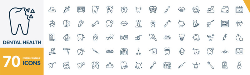 outline dental health icons set. editable linear dental needle, radiograph, holed tooth, and other 67 icons in this category isolated on transparent background.