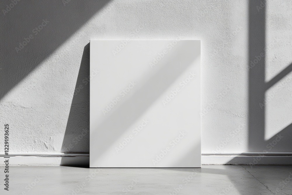 Poster a white wall with a white square on it. the square is empty. there is a window behind the square