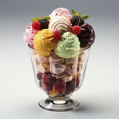 Ice cream scoop on waffle cone Many assorted different flavour, AI Generated