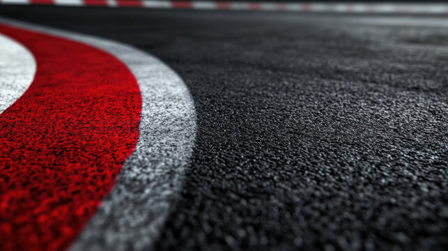 Fresh asphalt surface with red and white racing lines, showcasing tire marks. image captures essence of speed and precision on racetrack