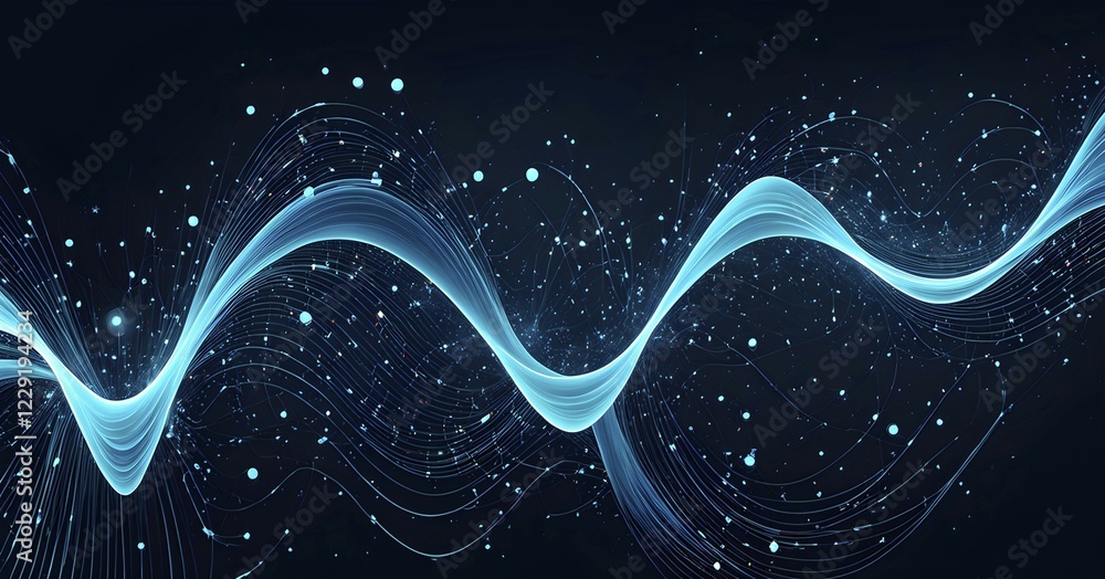 Poster abstract illustration of digital wave forms and circuits converging to form abstract symbols of vari