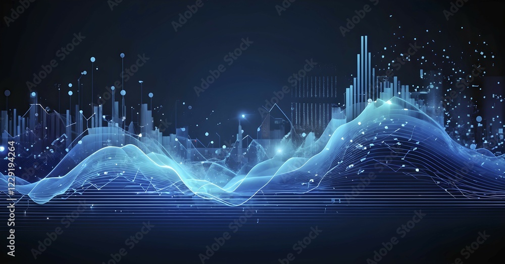 Poster abstract illustration of digital wave forms and circuits converging to form abstract symbols of vari