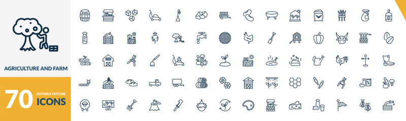 outline agriculture and farm icons set. editable linear stall, sugar, lawnmower, and other 67 icons in this category isolated on transparent background.