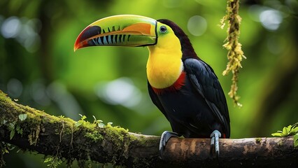 Obraz premium Vibrant toucan perched on a gnarled branch in a dense rainforest, AI generated