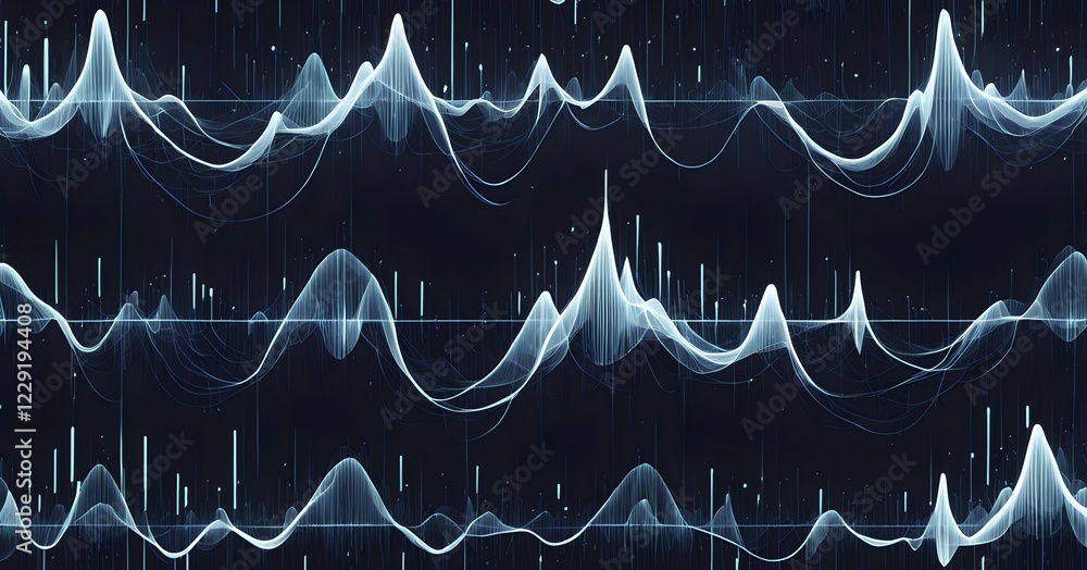 Poster abstract illustration of digital wave forms and circuits converging to form abstract symbols of vari