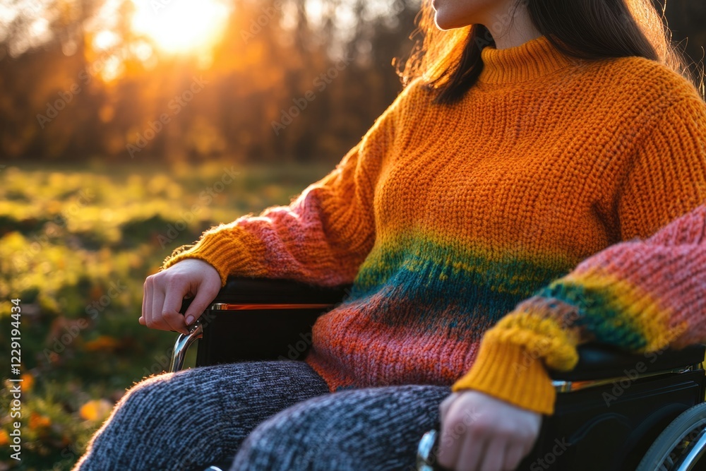 Poster a person in a wheelchair enjoys the scenery in an open field