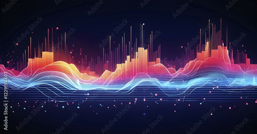 Poster abstract illustration of digital wave forms and circuits converging to form abstract symbols of vari