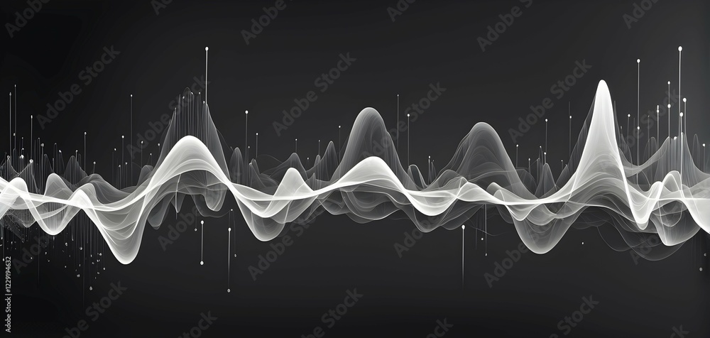 Poster abstract illustration of digital wave forms and circuits converging to form abstract symbols of vari