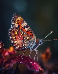 A butterfly on a flower, water drop, detail, close-up, AI generated