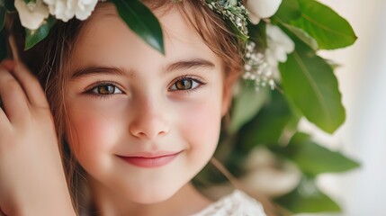 Smiling girl in floral wreath with sunlight, Easter beauty.