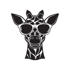 giraffe head wearing  sunglasses silhouette, black and white silhouette, vector and illustration