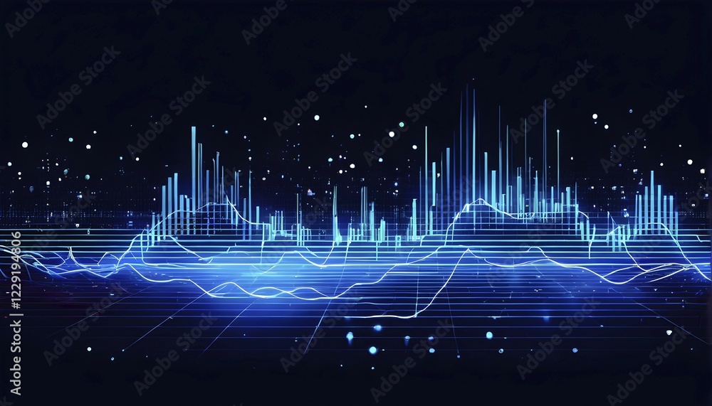 Poster abstract illustration of digital wave forms and circuits converging to form abstract symbols of vari