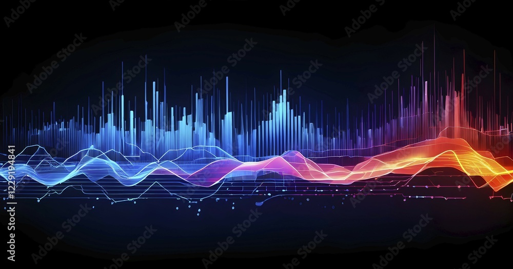 Poster abstract illustration of digital wave forms and circuits converging to form abstract symbols of vari