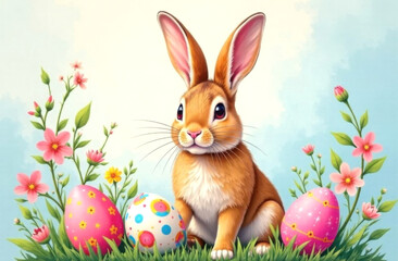 Easter bunny with colorful eggs in vintage style.