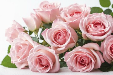 Fresh pink roses with green leaves arranged on a white background, creating a clean and serene atmosphere, AI generated