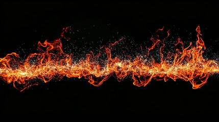 Dynamic Horizontal Flame Line with Spark Effects on Black Background