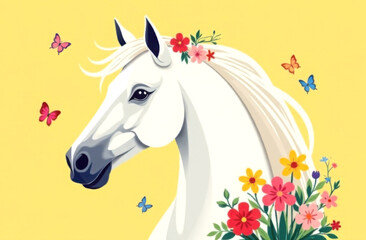 Close-up portrait of a white horse with flowers. spring and summer concept.