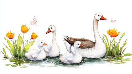 Obraz premium Charming Family of Ducks Swimming Among Flowers and Dragonflies
