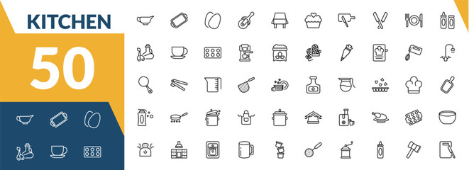 outline kitchen icons set. editable linear tray, eggs, pizza cutter, and other 47 icons in this category isolated on transparent background.