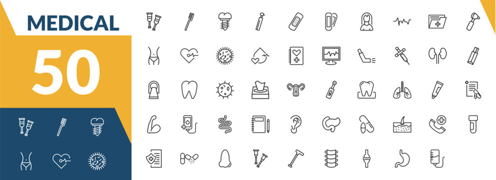 outline medical icons set. editable linear tooth brush, implants, dental drill, and other 47 icons in this category isolated on transparent background.