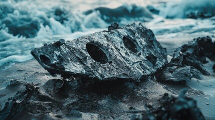 Dramatic Shoreline Scene with Textured Wood and Ocean Waves