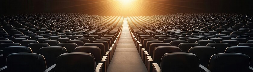 Fototapeta premium Rows of empty chairs illuminated by a warm, glowing sunset.