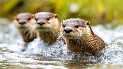 Fototapeta premium Playful Otters Swimming in a Clear Stream with Splashing Water