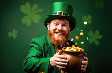 Happy man in the image of a leprechaun with a cauldron of gold coins. concept of the holiday st patrick's day.