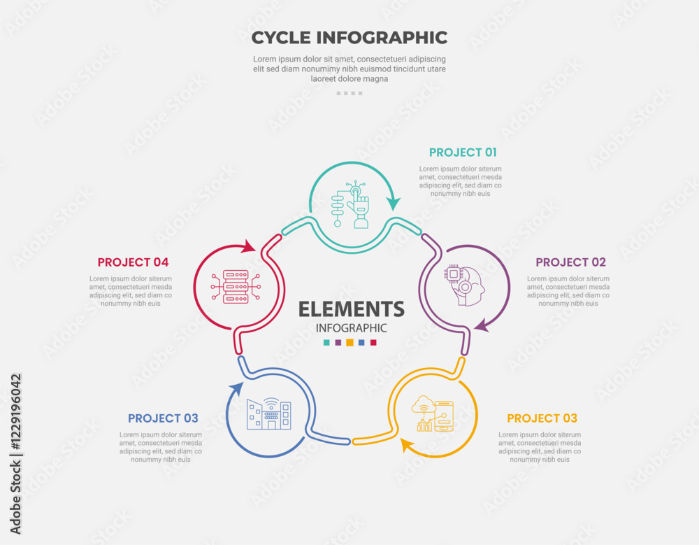Poster cycle base infographic outline style with 5 point template with creative connected circle line arrow