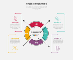 cycle base infographic outline style with 4 point template with piechart circle with arrow line pointer description for slide presentation