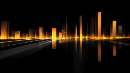 Golden glowing city bars with reflective light on dark background. Financial and economic growth visualization