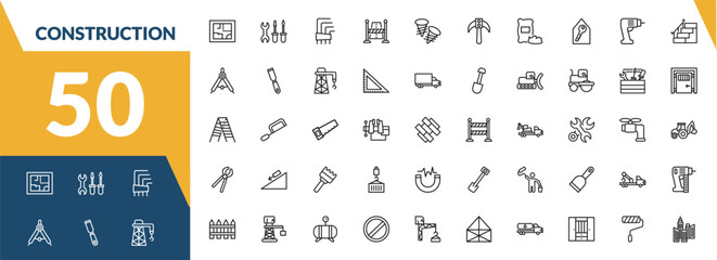 outline construction icons set. editable linear three tools, , road stopper, and other 47 icons in this category isolated on transparent background. © Abstract