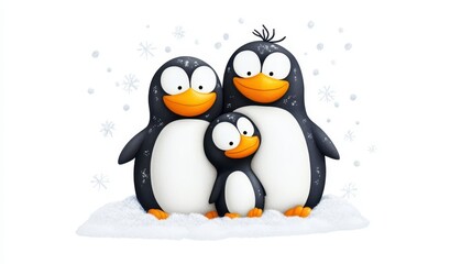 Obraz premium Cute Cartoon Family of Penguins in a Winter Wonderland Scene