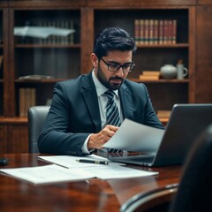 Obraz premium Un hombre profesional hispano revisando documentos en una oficina elegante con estanterías de madera al fondo. Viste traje formal y trabaja en un escritorio, con una laptop abierta y papeles organizad