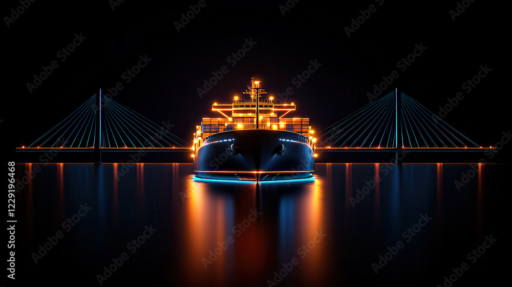 Poster 3D hologram of large cargo ship illuminated with vibrant lights, passing under modern bridge at night, creating stunning visual effect
