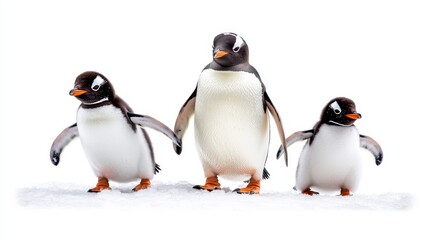 Fototapeta premium Three Cute Gentoo Penguins Standing Together on White Snow