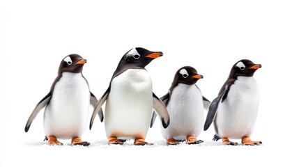 Fototapeta premium Adorable Group of Four Penguins Standing Together on White Background