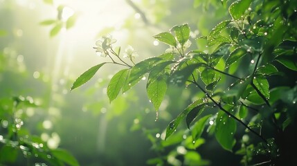 Fototapeta premium Dew Drops Adorn Spring Blossoms And Lush Green Leaves