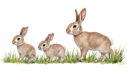 Obraz premium Detailed Illustration of Three Cute Rabbits in Green Grass Setting