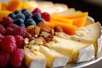 A colorful platter filled with cheese, fruit, and nuts for a quick snack or party appetizer