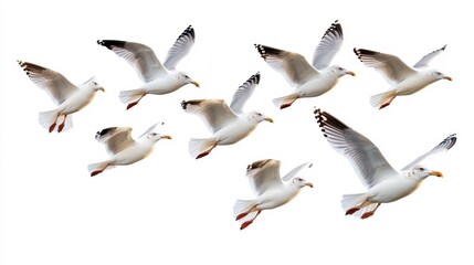Obraz premium Seagulls Flying Against White Background in Various Positions