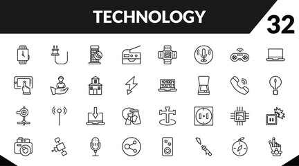 outline technology icons set. editable linear basic plug, phone box, photocopier, and other 29 icons in this category isolated on transparent background.