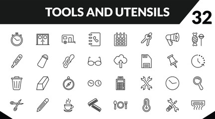 outline tools and utensils icons set. editable linear doors, house on wheels, telephone agenda, and other 29 icons in this category isolated on transparent background.