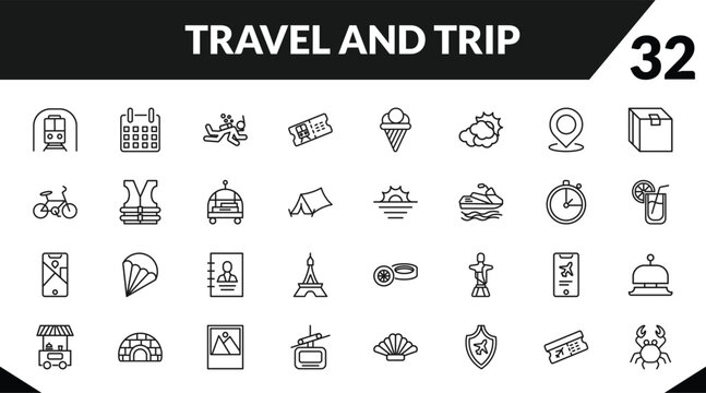 outline travel and trip icons set. editable linear date, scuba diving, train ticket, and other 29 icons in this category isolated on transparent background.