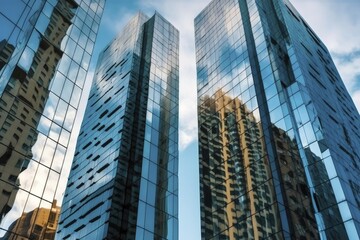 Sun reflecting in the tall skyscrapers in metropolitan area. Business district of a major world capital city. Generative ai