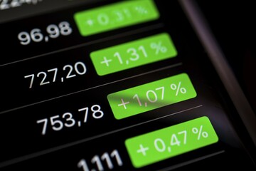 Close up of rising stock prices on smartphone screen